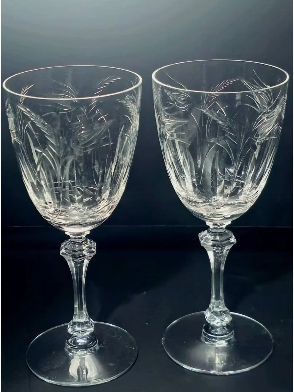 2 Tiffin Franciscan Moss Ross Water Goblets Etched Crystal Wine Glasses rare 60s